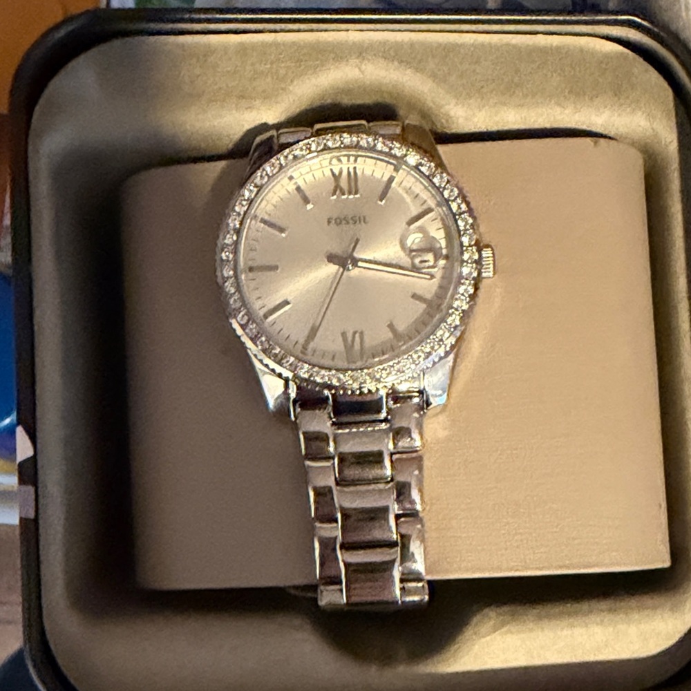 Fossil Silver Watch with Sparkling Bezel